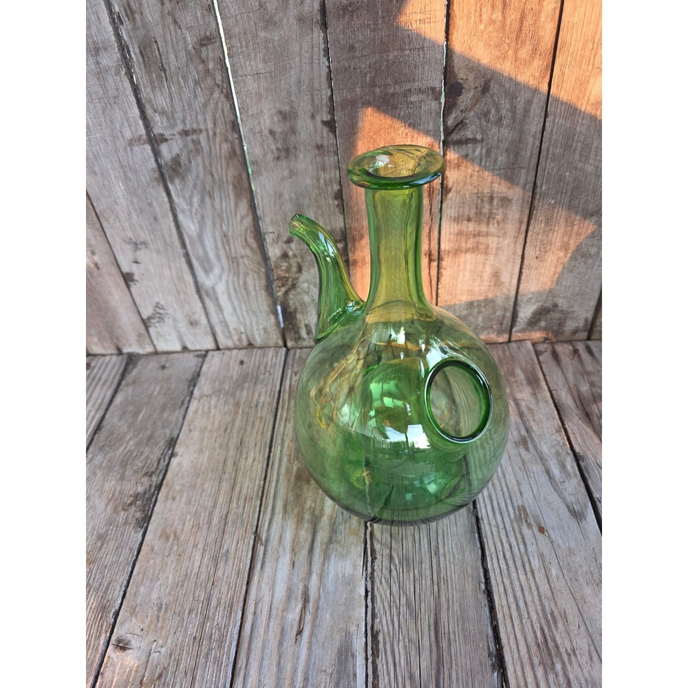 Green Hand Blown Glass Porron Wine Decanter Double Chamber Ice Pocket 11 inch